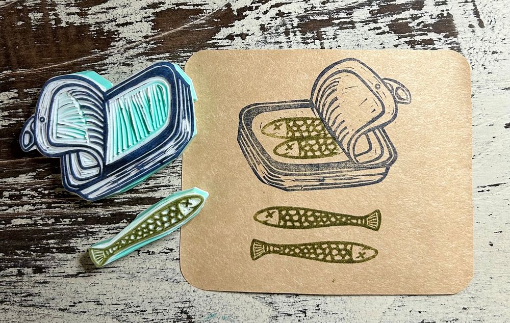 Sardine tin can with sardine hand carved rubber stamp set