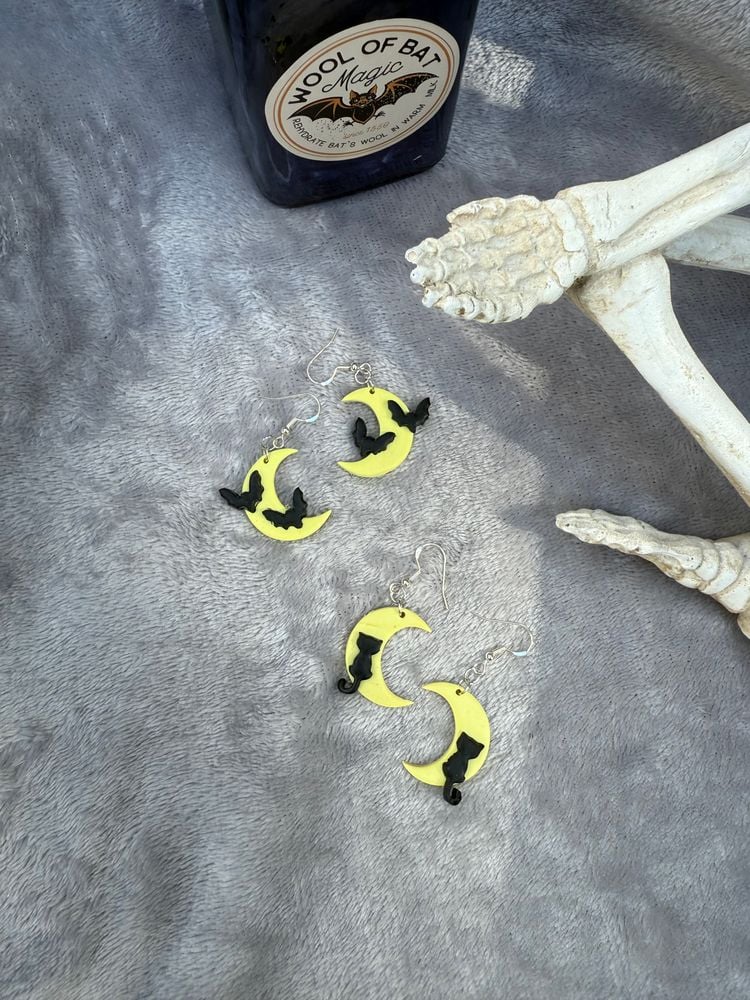 Halloween Crescent Moon Earrings – Black Cats & Bats