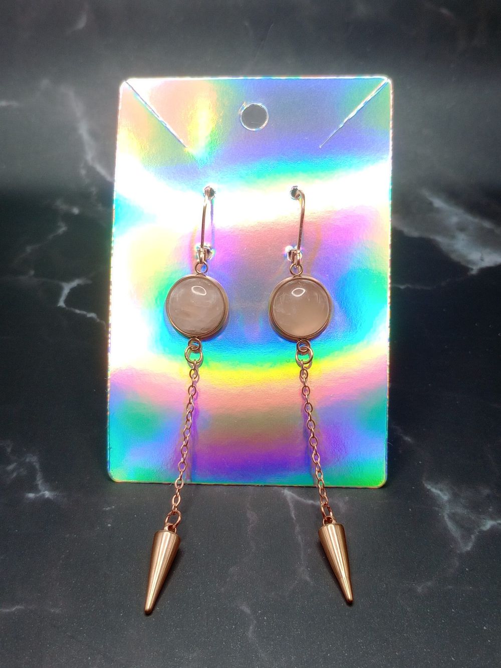  Rose Crystal Quartz Gemstone Cabochon Spike Dangle Earrings...