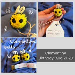 A collage of images of Clementine, the tiny bee. In one of the images, Clementine is sitting next to Bella, another tiny bee.