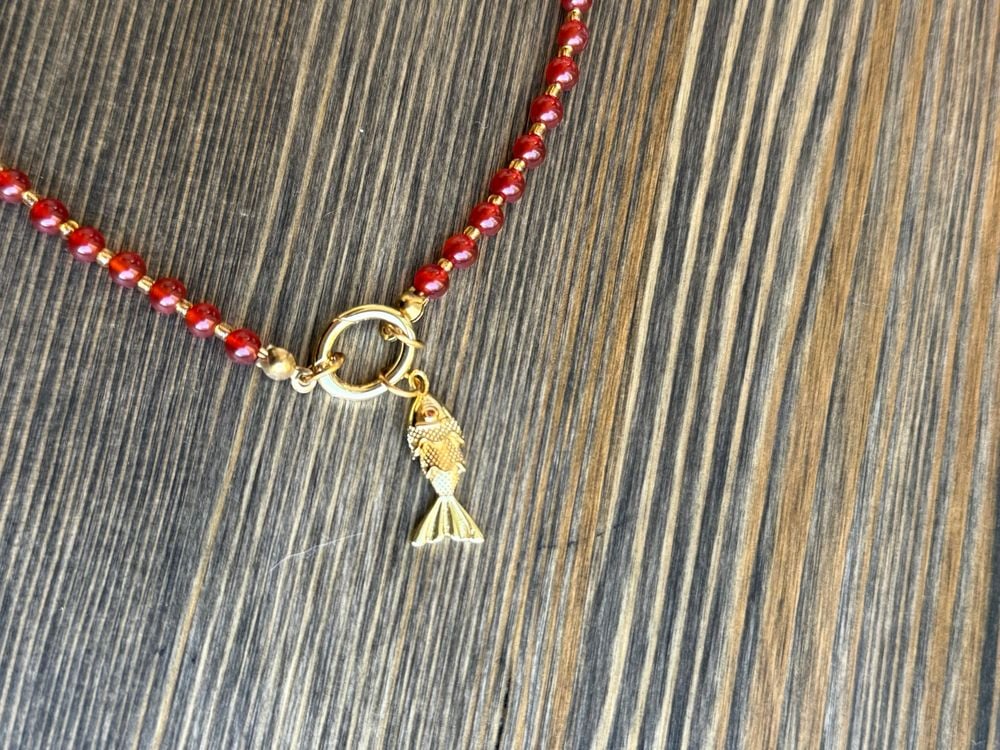 Carnelian Necklace with Gold Fish Charm