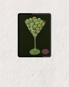 Print of a martini glass full of olives original medium oil on canvas