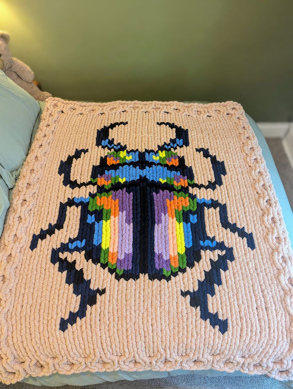 “Scarab in the Sandy Summer” Hand-Knit Blanket - Nature’s Jewel in Cozy Comfort