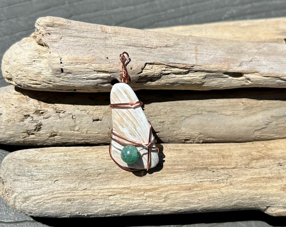 Cream/Tan Colored Shell with Green Agate, Wire Wrapped
