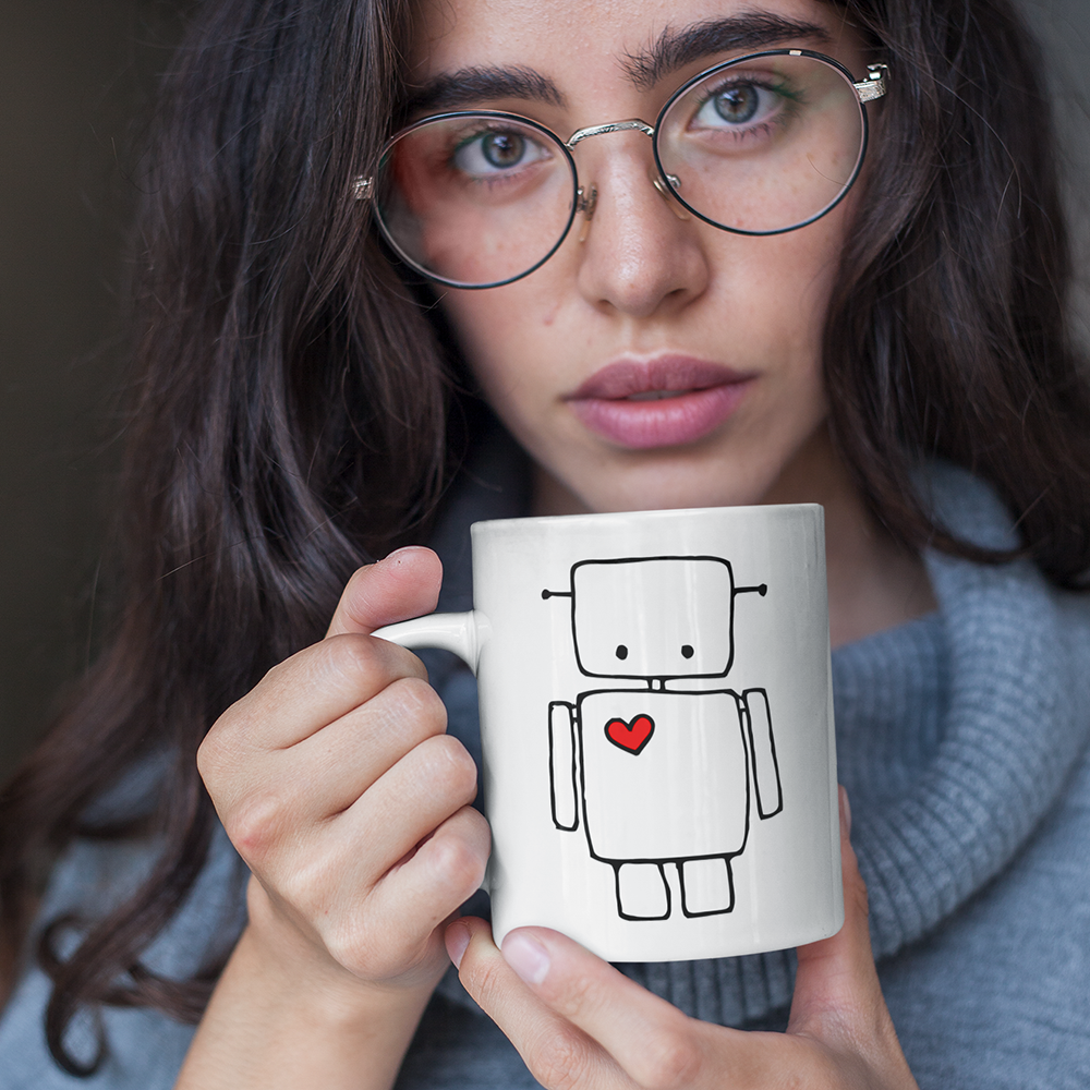Robot with Red Heart White Ceramic Coffee Mug 11 Oz