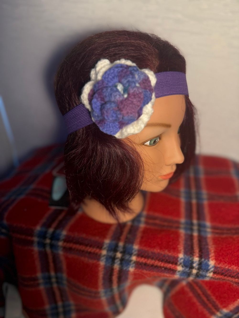 Purple Elastic Headband with Crochet Purple & White