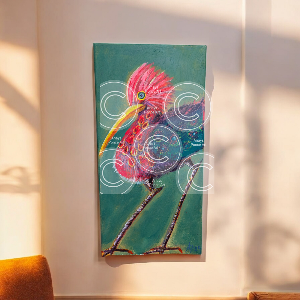 Original Acrylic Painting on Canvas Colorful Bird 10"X20"