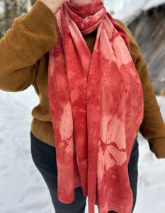 Me from the neck down wearing the Red Madder Spiderweb scarf wrapped all the way around once with the tails hanging in the front 