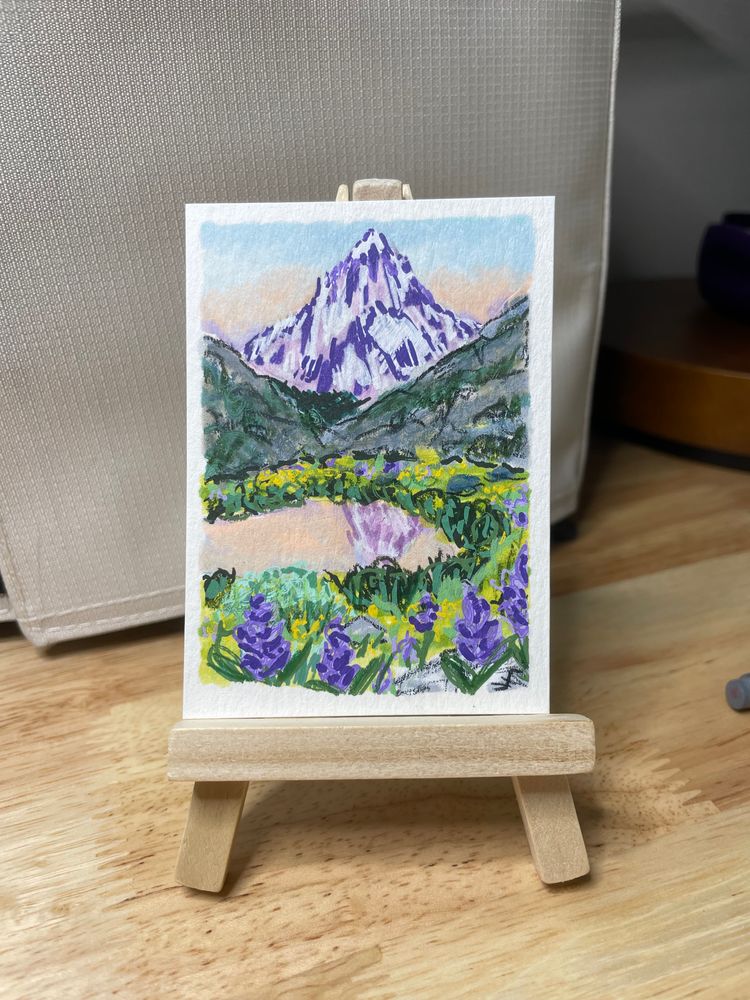 ACEO Original Painting Mountain Landscape with Pond