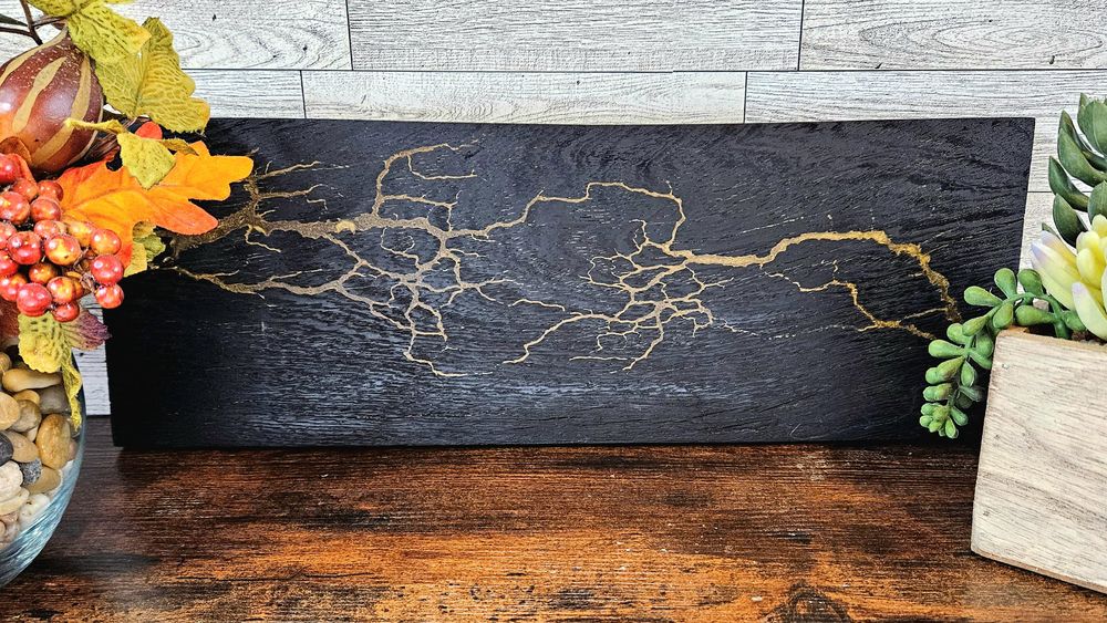 Fractal Wood Burning African Wenge, Black and Gold 16.5"x6"