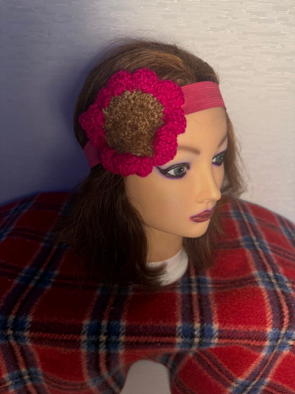 Pink Elastic Headband with Pink Crocheted Flower