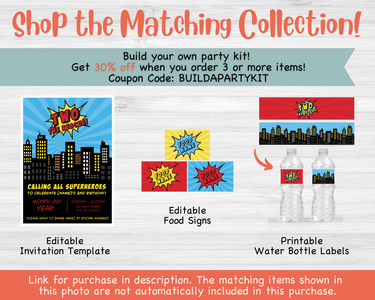 Photo showing the matching "Two the Rescue" collection, which includes printable & customizable party food signs and water bottle labels.