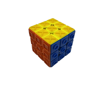 Turn it Tactile 3x3 Speed Cube with 3 sides showing: the blue face with raised circles, the orange face with raised squares, and the Yellow face with raised Xs