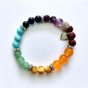 7" - Ruby red jade, orange jade, golden tiger eye, green aventurine, angelite, lapis, amethyst, and hematite
