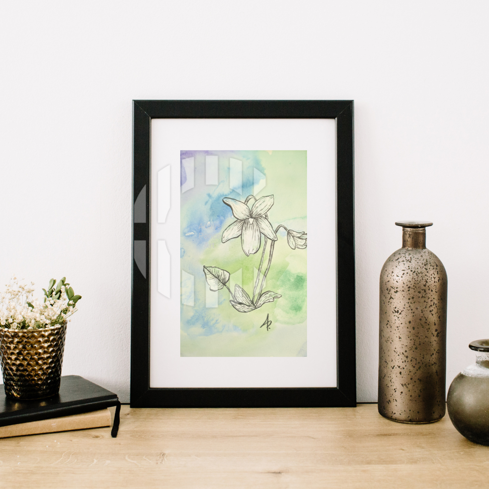 Framed and Matted Original Watercolor and Ink Violet