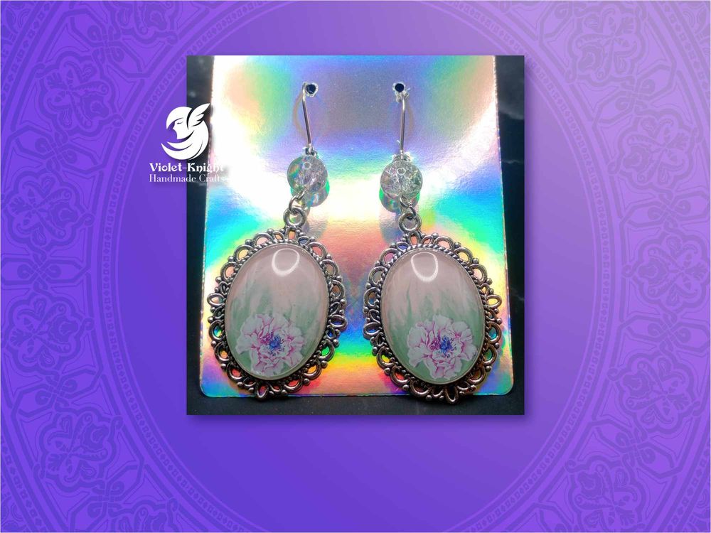  Vintage Style Pink Floral Pendant Earrings with Glass Accen...