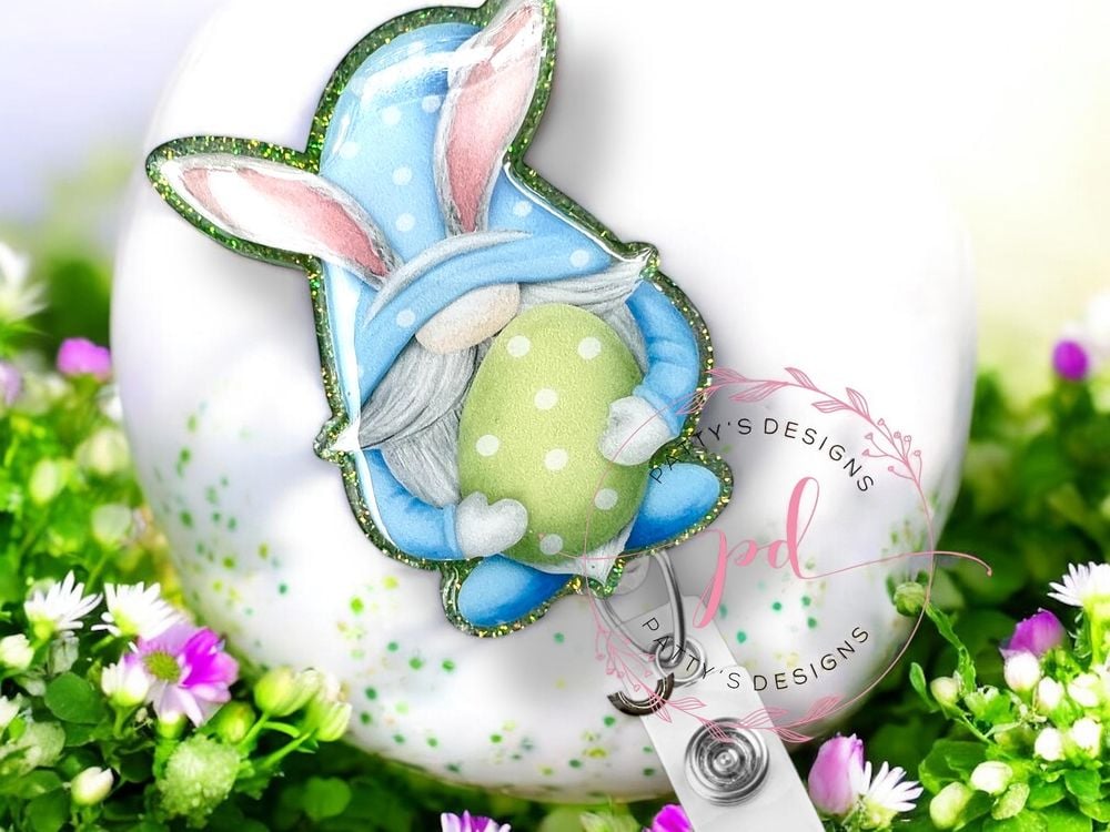 Easter Gnome Bunny Badge Reel, Badge Holder, ID Holder, East...