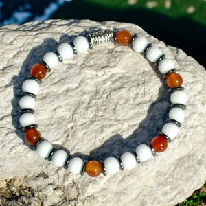 8" Carnelian stones, Snow Jade, and Hematite beads