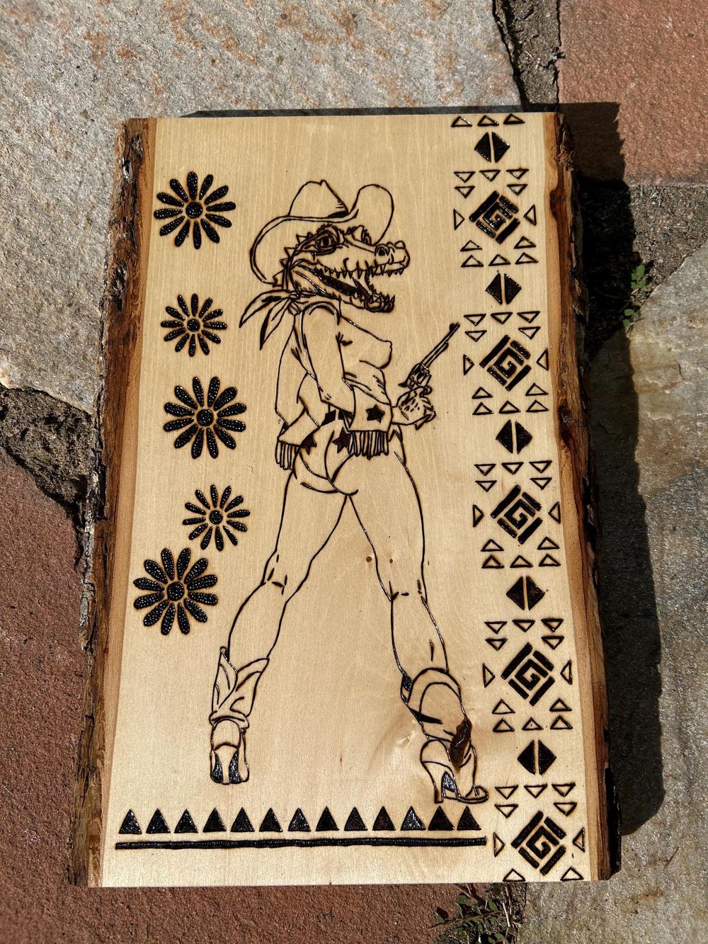 Hand-Burned Crocodile Cowgirl Wood Art: Western Pyrography