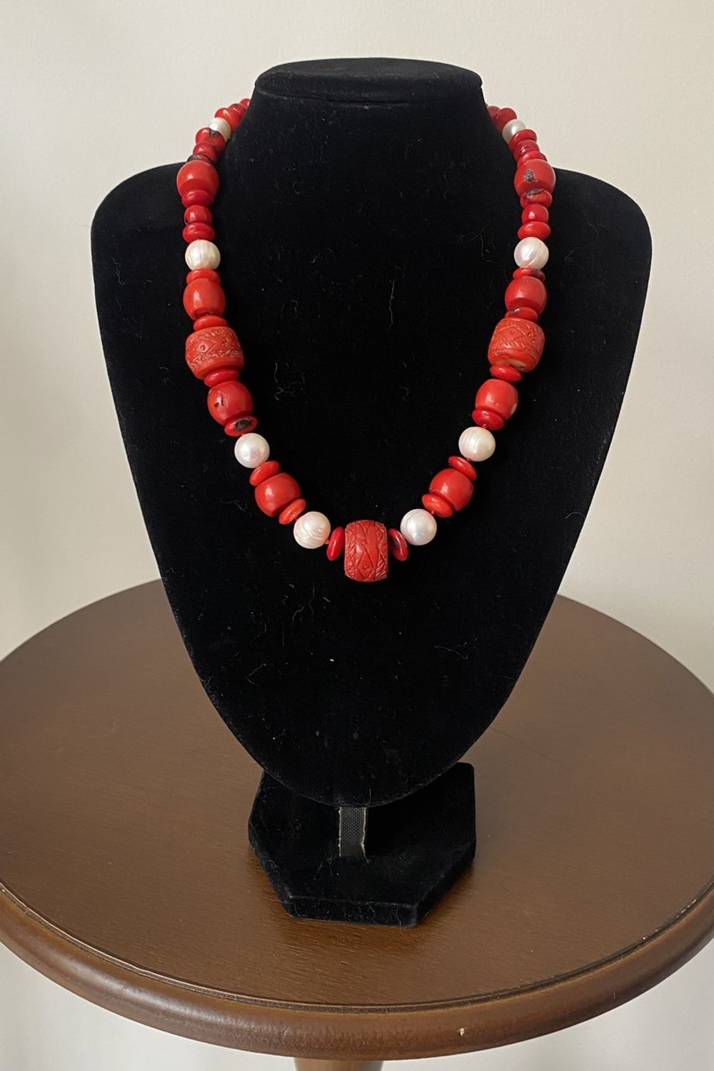 Red coral and pearl necklace