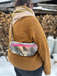 Me wearing the triangular patchwork insert fanny pack as a cross body bag