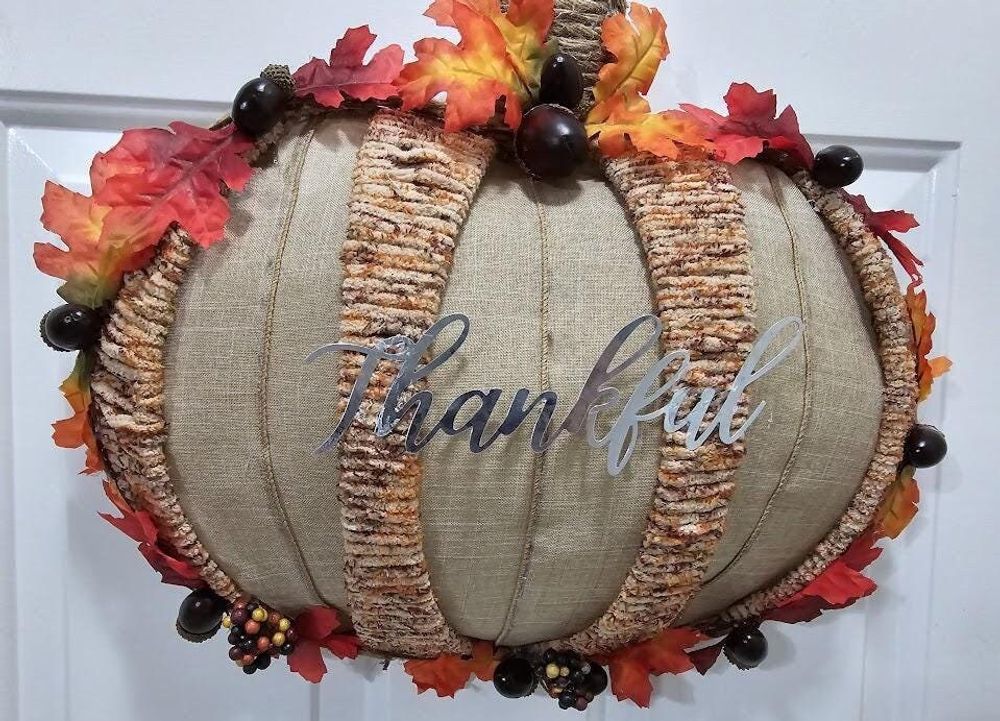 Rustic Wire Pumpkin Fall Decor with Thankful Plaque, Burlap & Acorns
