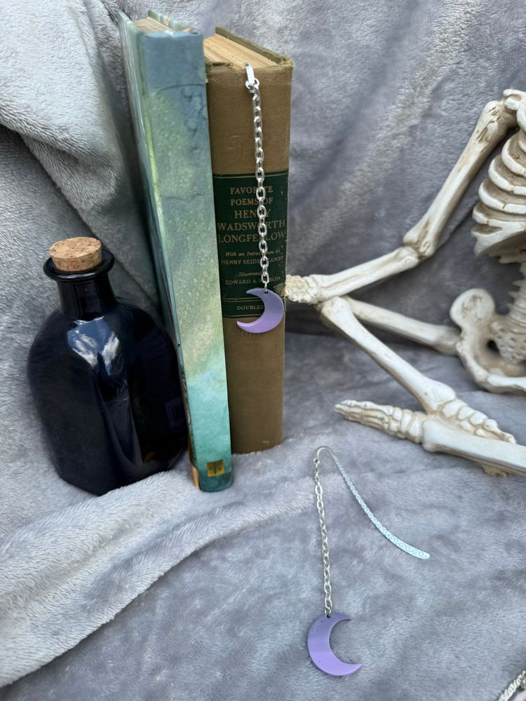 Purple Moon Hairpin Bookmark —Silver Chain & Celestial Charm