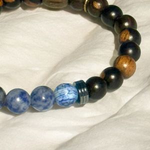 8.5" - Tiger Ebony Wood, Hematite and Sodalite beads