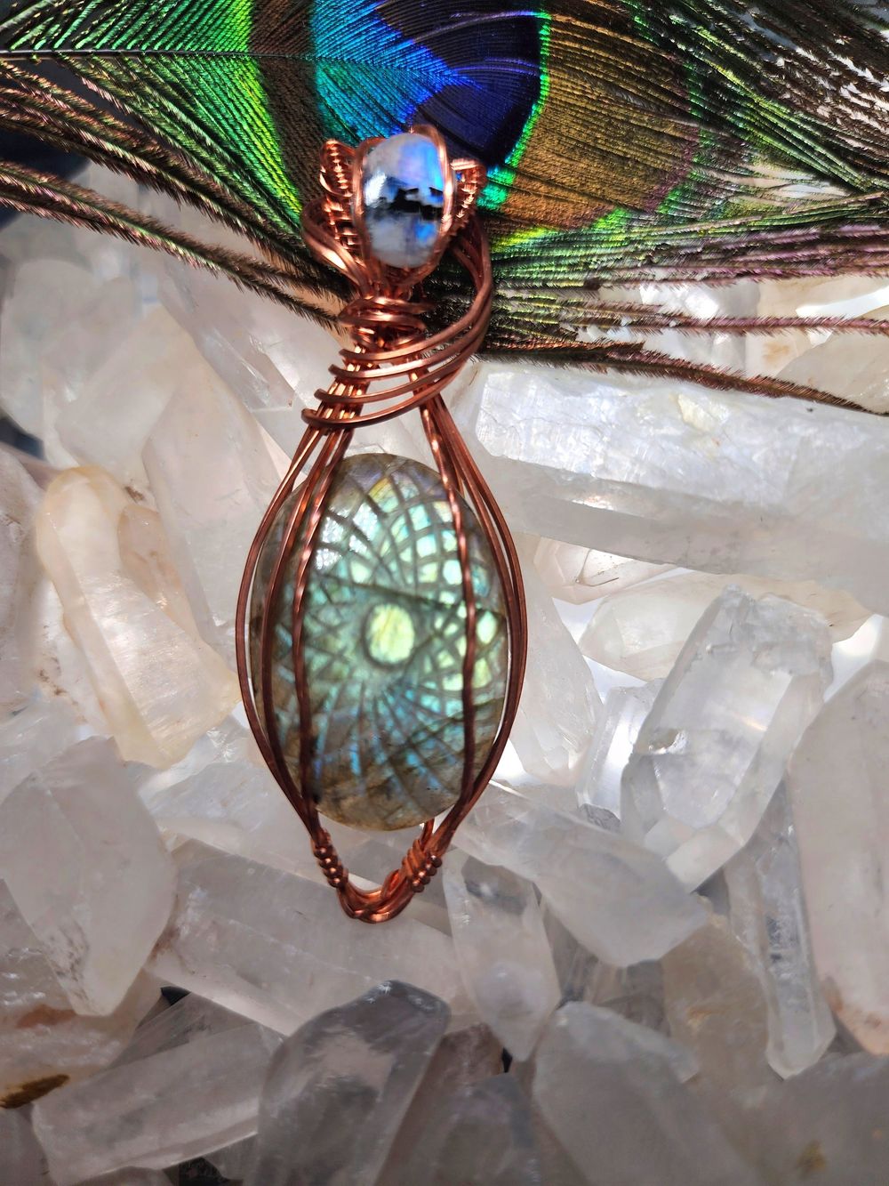 Goddess - Carved Labradorite and moonstone in copper