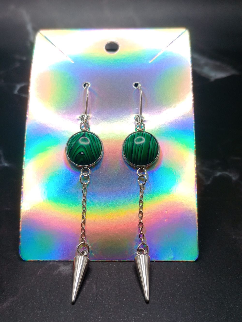  Malachite Gemstone Cabochon Spike Dangle Earrings with Ster...