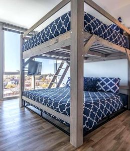 king size loft, grey, with long side ladder placement and a 6" zinus platform frame added by our customer for lower bunk