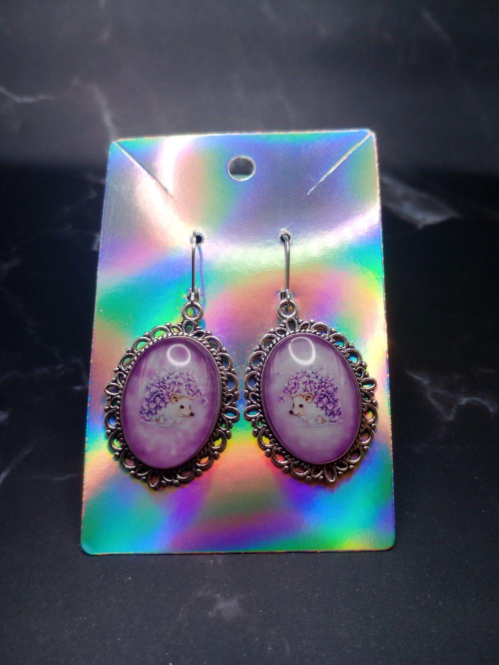  Vintage Style Purple Floral Hedgehog Pendant Earrings 