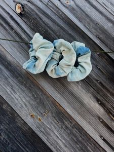 Blue and White scrunchies dyed with Indigo
