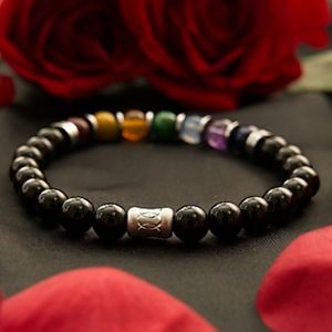 8" - Black onyx, ruby red jade, golden tigereye, orange jade, green quartz, indigo, amethyst, hematite, and lapis
