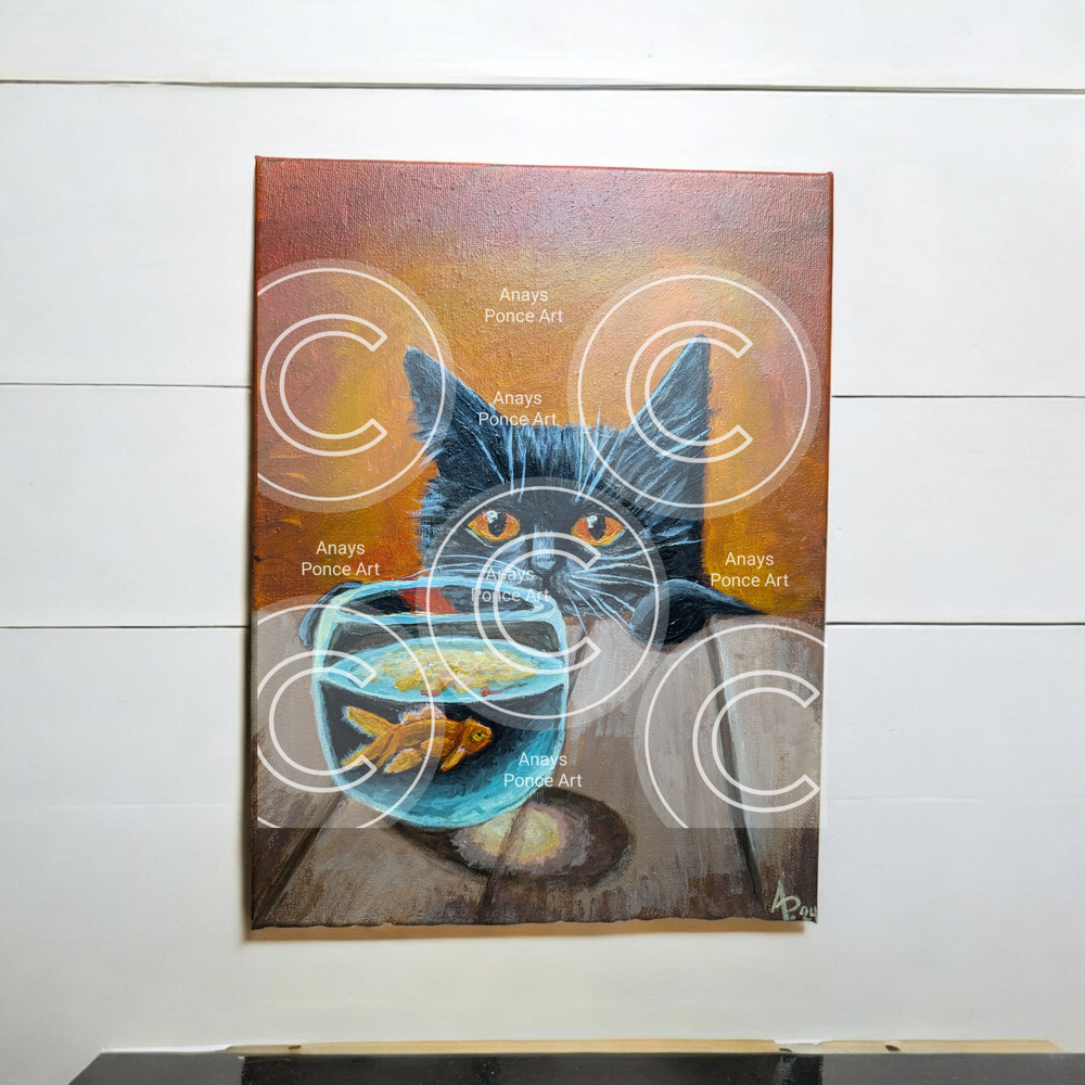 Original Unframed Acrylic Painting Canvas Cat Fishbowl 9"X12"