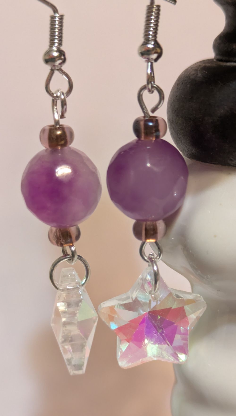 Glass star earrings with purple stone bead accents
