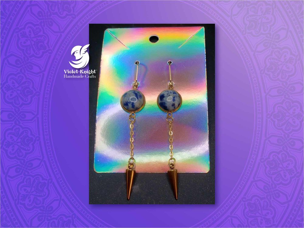  Blue and White Gemstone Cabochon Spike Dangle Earrings with...