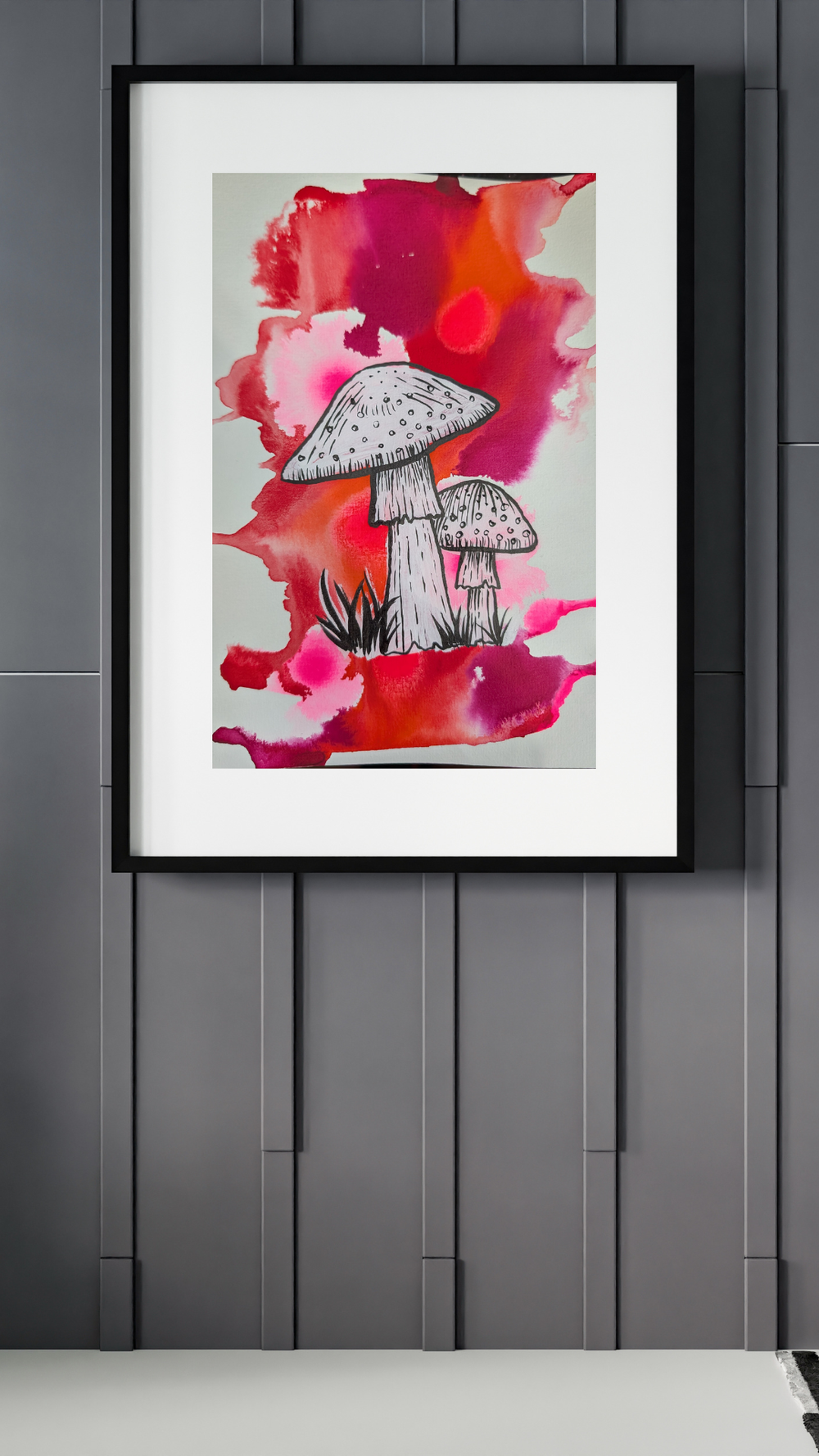 Original Framed Ink Drawing Mushrooms 