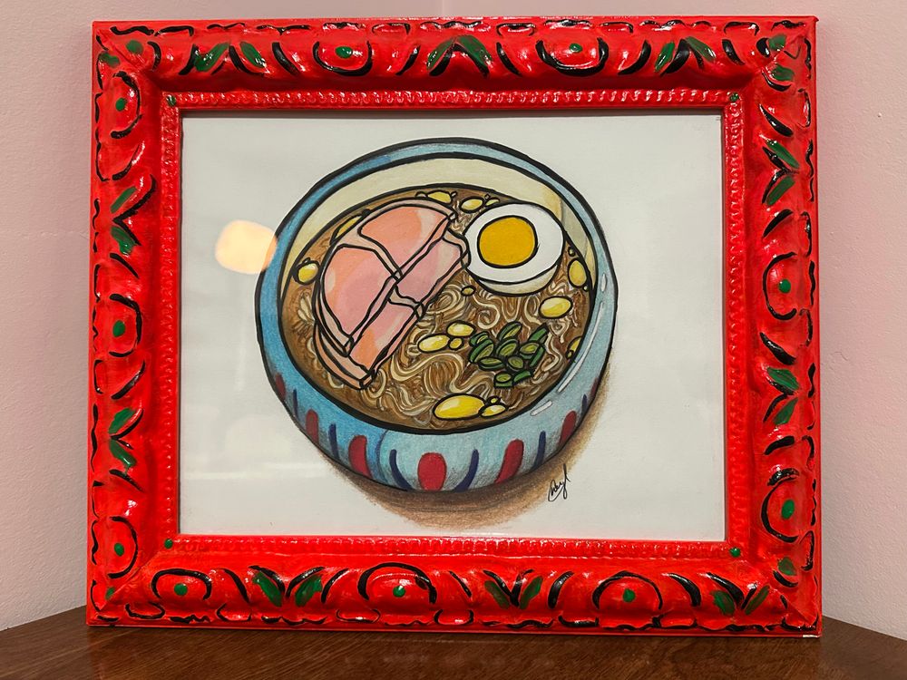 Framed Ramen mixed media art