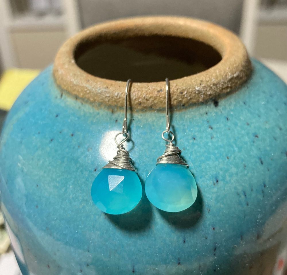 Gemstone earrings - aqua chalcedony, wire wrapped, hypoaller...