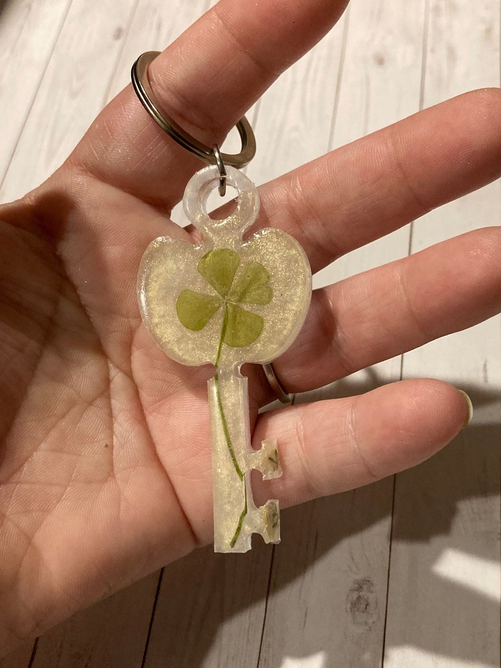 Keychain - skeleton key, gold, real four leaf clover and rea...