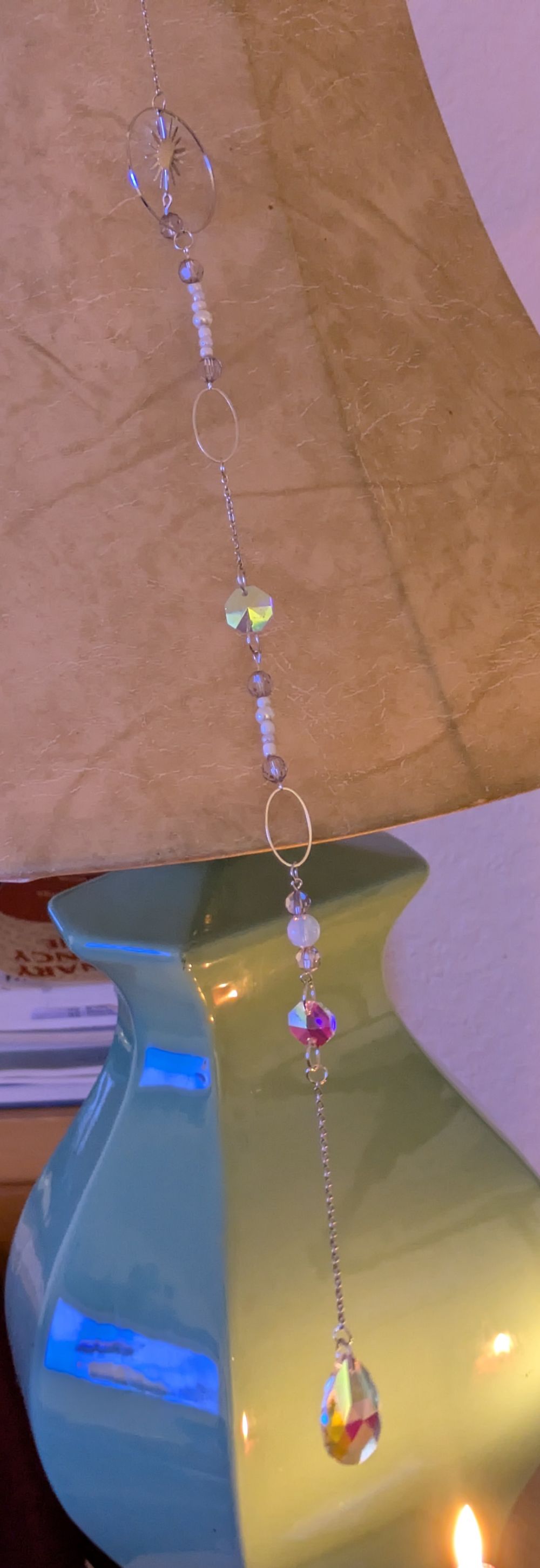 Beaded, long sun catcher with large teardrop weight