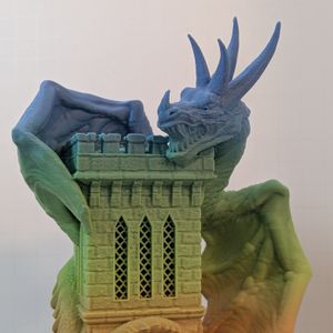 A closer shot of the top of the tower and the wyvern's head.