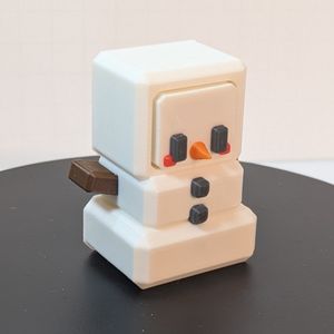 A 3D printed snowman. It's white, with brown "stick" arms, black "coal" eyes and buttons, red cheeks, and a pointy orange "carrot" nose. It's modeled very much like an 8 bit video game character.