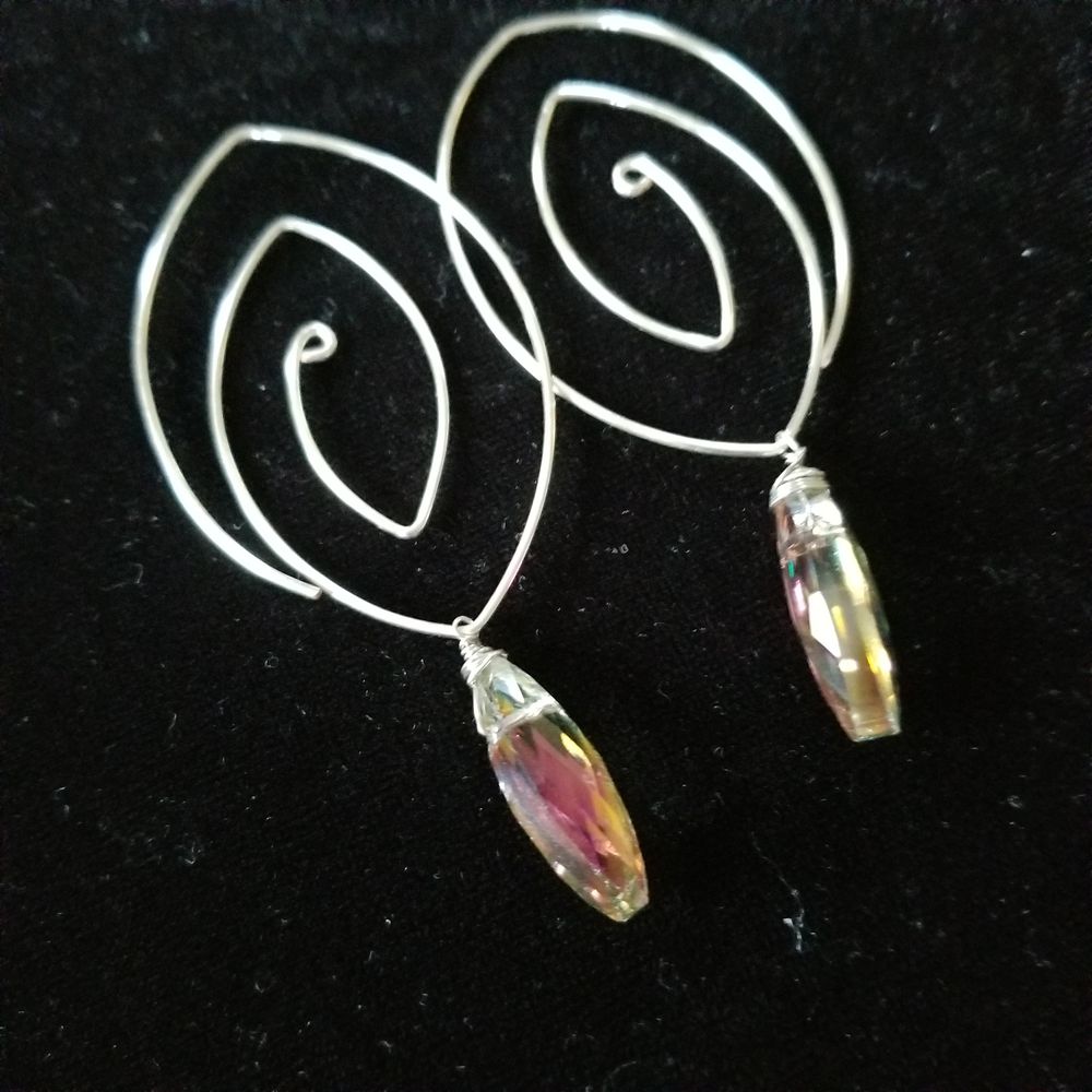 Sacred Spiral Hoop Earrings with Faceted Czech Glass Drops