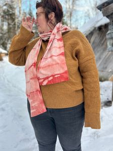 Me wearing the Red Madder Halved scarf