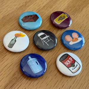Every Day Carry working class pins - soup for my family! Mongomery River Boat Brawl, Brick, egg, molotov cocktail, bonk jug