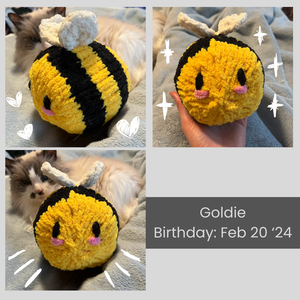 Collage of images of Goldie the knitted bee. She has pink blush embroidered on her cheeks. Her birthday is February 20 2024.