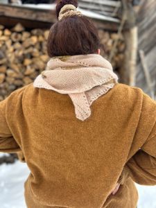 Wearing the shawl wrapped around my neck like a scarf