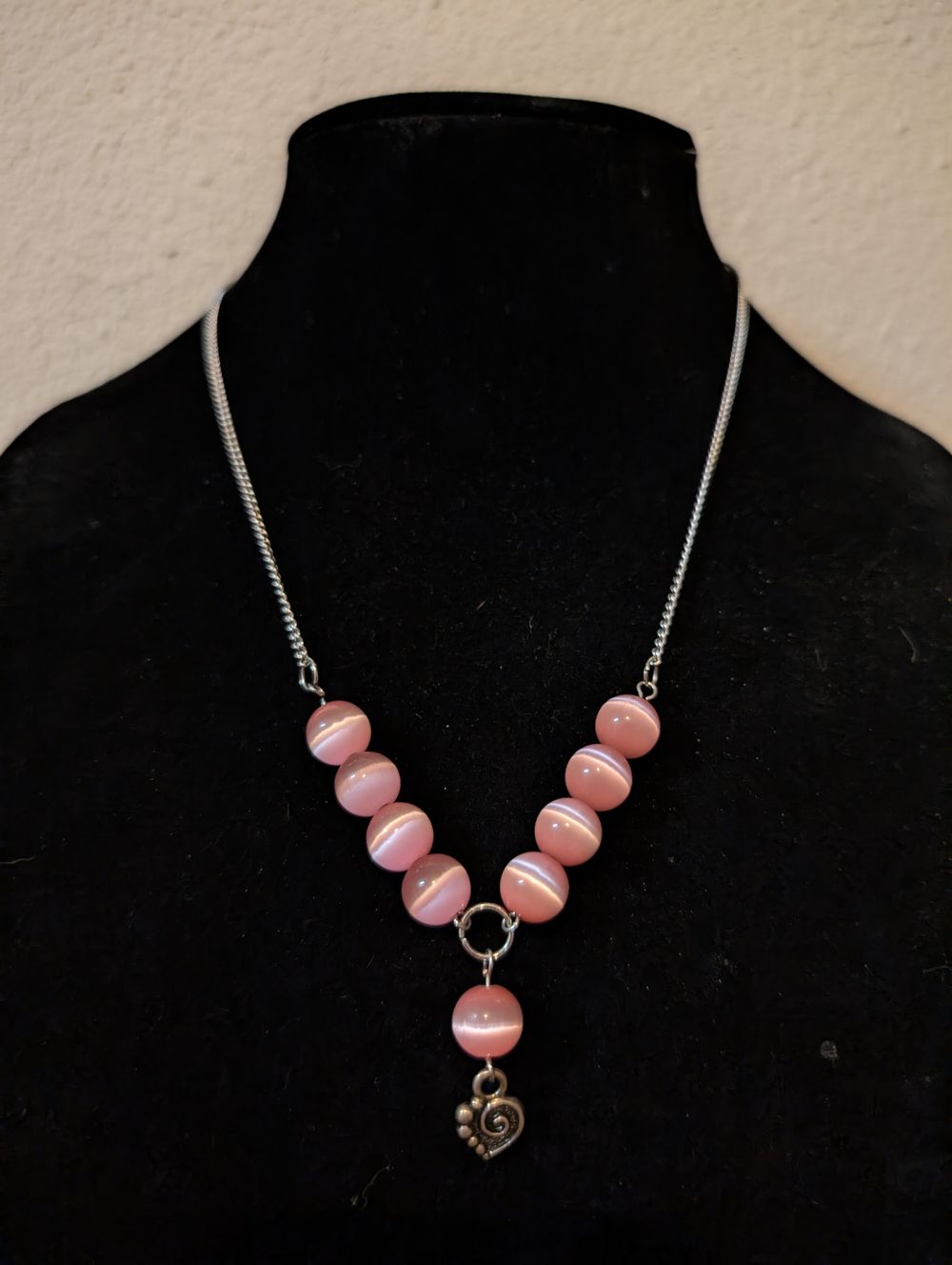 Pink Cat Eye Glass Heart Necklace